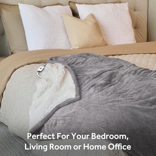 Image of Sunbeam Heated Throw Blanket Flannel Sherpa Reverse 4 Heat Dove Gray 50x60