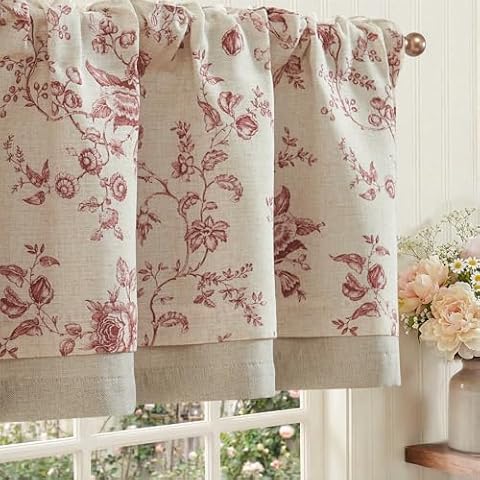 jinchan Amlie Floral Linen Valance Curtain Farmhouse 1 Panel 16 Inch Maroon — $17.99 (10% off)