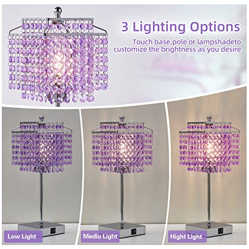 Image of Luvkczc Purple Bedside Crystal Table Lamp Set of 2, Touch Control Lamps | Dimmable Lamp with Crystal Shade for Bedroom, Girl Living Room, 6W B11 Bulb Included