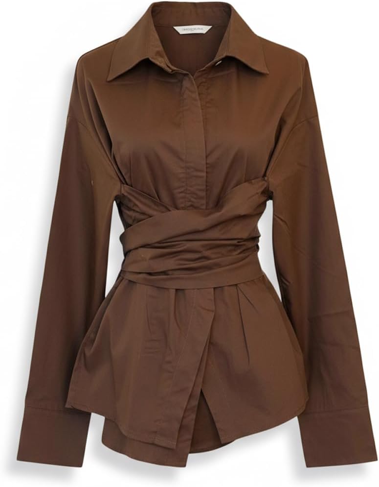 Women Fitted Button Down Shirt Cinched Waist Tops Cotton Long Sleeve Wrap Blouse Stylish Dressy Casual Outfit 2025 - Image 4