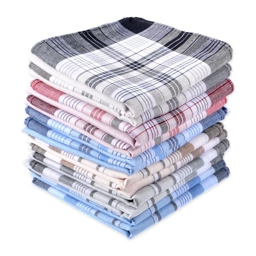 Molain 12 Stück Herren Taschentücher, 40x40 cm Baumwolle, Wiederverwendbar, Karomuster, Ideal für täglichen oder formellen Gebrauch, Geschenkidee, Weiß, Blau, Khaki, Grau