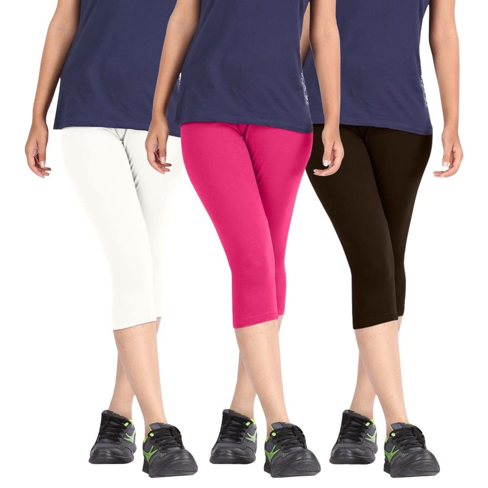 Biowashed Cotton Stretchable Capri Legging Combo Pack of 3 for Women/Girls/Ladies (White, Pink, Dark Brown) - Free Size-picture-11