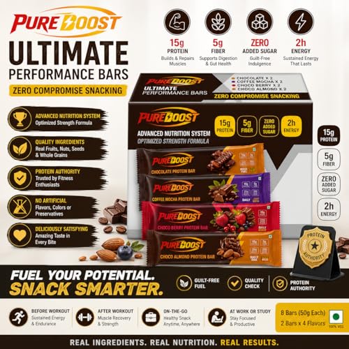 Image of Protein Bars Variety Pack | 15g Protein & 5g Fiber | Zero Added Sugar | Healthy Snack for Gym, Weight Loss & Energy | Chocolate, Coffee Mocha, Choco Berry & Choco Almond 50g (Pack of 8)