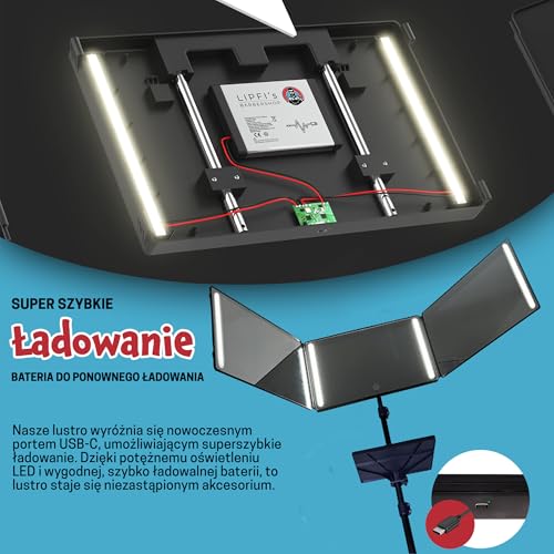 LIPFISBARBERSHOP.com Lustro 360° ze statywem, regulowanymi haczykami i tacką: 3-stronne przenośne składane lustro podróżne z 4 diodami LED, ładowaniem USB-C do strzyżenia, golenia, makijażu i toaletki