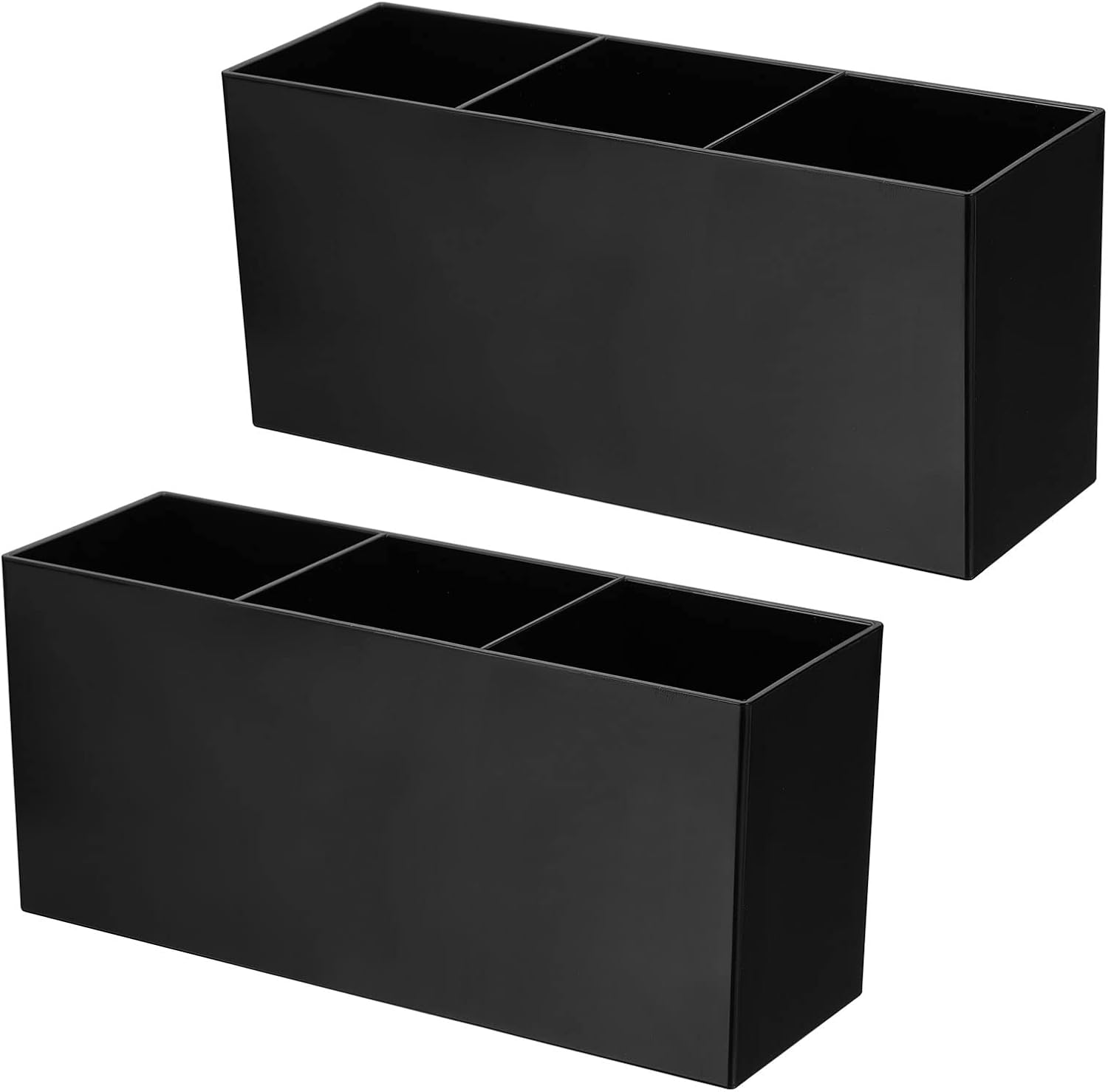 PATIKIL 3 Compartments Clear Acrylic Pen Holder, 2 Pack Pencil Holder Pen Organizer Pencil Cup Makeup Brush Holder Square for Countertop Desk, Black