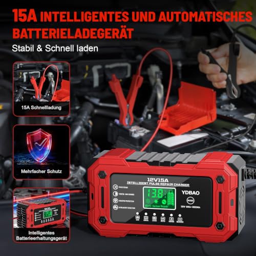 Autobatterie Ladegerät 15A 12V Batterieladegerät Temperaturkompensation – Ansicht 2