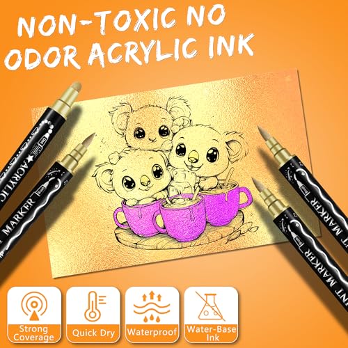 Metallic Markers Stifte, 24 Farben Acrylstifte für Steine Wasserfest, Metallic Stifte für Fotoalbum, Gästebuch Hochzeit, Scrapbook Zubehör, Schwarzes Papier,Porzellan,Glas,Leinwand,Keramik,Holz,Eier