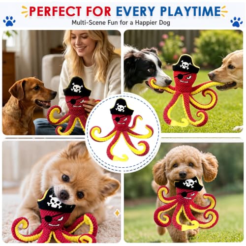 Image of MAXBECK Interactive Octopus Dog Toy, Plush Dog Toy with Crinkle Paper & Squeaker, Tug of War Dog Toy for Small Medium Large Dogs, Soft Dog Chew Toy for Indoor Play, Puppy Training (I-Octopus-Red)
