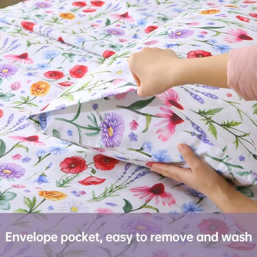 Image of MUXHOMO King Size 4 Piece Sheet Set, Soft & Breathable Sheet with Deep Pocket Up to 16 inch, Wrinkle-Free & Cooling Bed Sheets with Flat Sheet, Fitted Sheet & Pillowcases - Multicolored Flower