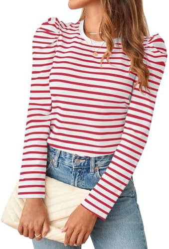Womens Puff Long Sleeve Top 2024 Fall Striped Crew Neck T Shirts Casual Basic Tee Shirts Trendy Outfits