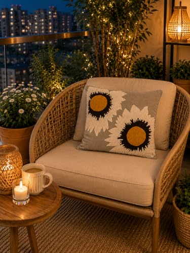 Image of Prista Hand Embroidered Cushion Covers Set of 2 | Sunflower Design | 16x16 Inch Boho Sofa Covers | Thick Cotton Tufted Embroidery | Hidden Zipper | Living Room Bedroom Decor (Vintage Sunflower)