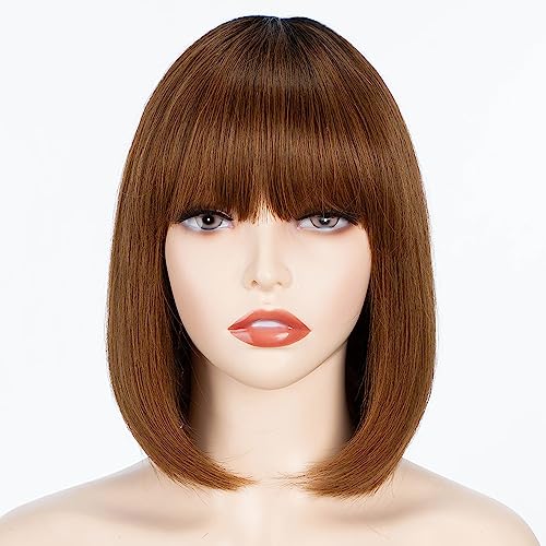 FASHION IDOL Bob Human Hair Wig with Bangs for Black Women Short Straight Hair 10 Inch Natural Black Glueless Machine Made Short Bob Wigs