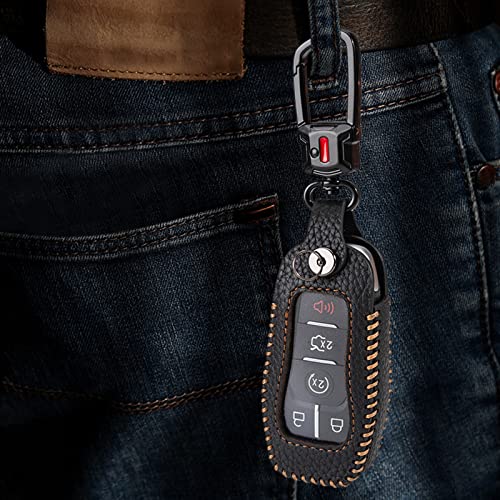 Yonufi For Ford Key Fob Cover With Keychain, Genuine Leather Keyless Entry Car Smart Key Case Protector Holder Compatible With Ford Fusion Mustang F-150 Edge Explorer Lincoln Mkz Mkc Nautilus #TOP6