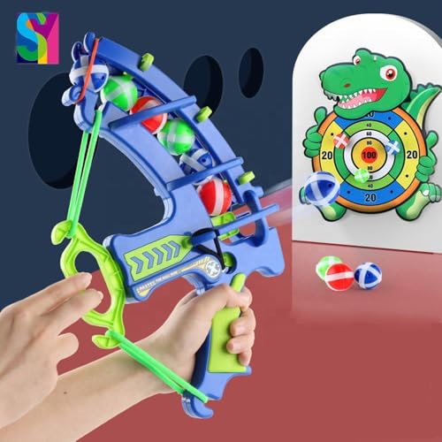 Image of SENSARTE Dinosaur Sticky Ball Launcher Bow & Dart Board Game for Kids | Safe Indoor /Outdoor Target Shooting Toy with 6 Balls for Boys & Girls