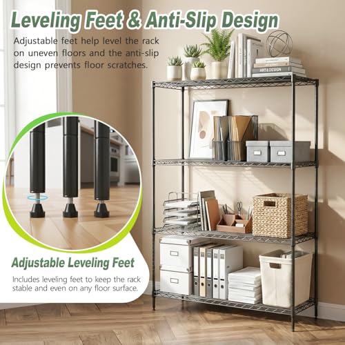 Image of BestOffice 4-Tier Wire Shelving Unit, 1000 LBS Heavy Duty Metal Storage Shelves, Adjustable Wire Shelf for Garage, Kitchen, Pantry, Utility Shelving Rack with Leveling Feet, Black