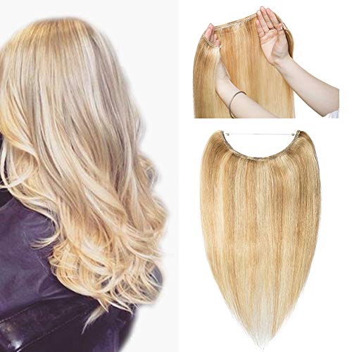 Hidden Invisible Crown Human Hair Extension Highlight One Piece Secret Miracle Wire in Hairpieces Highlight Remy Hair Translucent Fish Line Headband 65g 18'' #18/613 Light Ash Blonde/Bleach Blonde