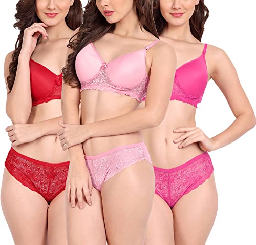 Image of FIMS - Fashion is my style Women Cotton Floral Lace Padded, Non-Wired, Full Coverage, Seamless Bra Panty Set, Multicolor, Lingerie Set