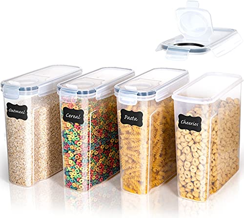 Crown Equipments Cereal Container Storage Set - Airtight Food Storage Containers [Set of 4] - Large Kitchen Dispenser Keepers (4L / 135oz) - BPA Free, Easy Pouring Lid - Labels & Marker Included