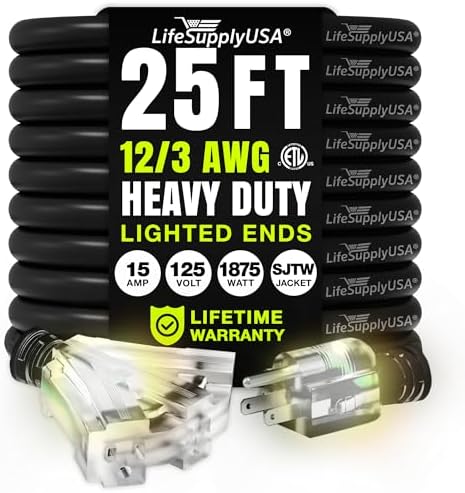 25ft heavy duty extension cord 3-outlet 12/3 SJTW waterproof