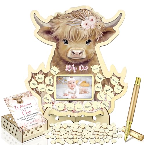 Image of Wenqik 63 Pcs Highland Cow Baby Shower Guest Book Alternatives Set Baby Shower Decorations with Photo Frame Sonogram Frame Keepsake 60 Wood Slices Guest Book for Birthday