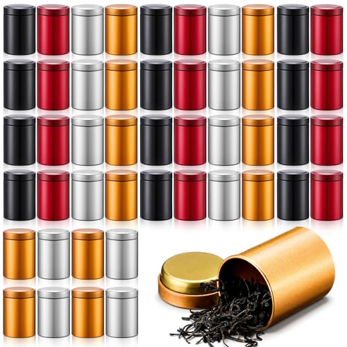 Acellegic 48 Pcs Mini Tea Tin Canister, Dark Red, Black, Silver, Gold