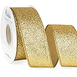 Ribbli Gold Glitter Wired Ribbon,Gold with Metallic Edge,Christmas Ribbon for Wreath, Christmas Tree Decoration, Gift Wrapping,Home Decor, 1-1/2 Inch x 10 Yards