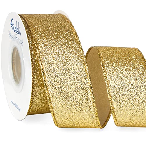 Ribbli Gold Glitter Wired Ribbon,Gold with Metallic Edge,Christmas Ribbon for Wreath, Christmas Tree Decoration, Gift Wrapping,Home Decor, 1-1/2 Inch x 10 Yards