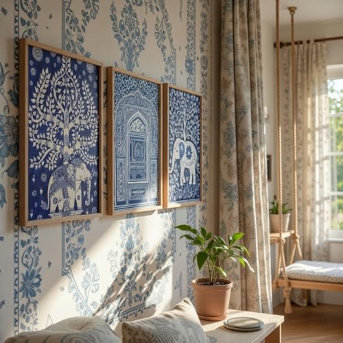 Image of Livin'luxe Set of 3 Blue Indian Heritage Wall Art Premium MDF Wooden Color Framed HD UV Printed Elephant Tree Palace Painting for Living Room Home Decor 11 Inch x 14 Inch