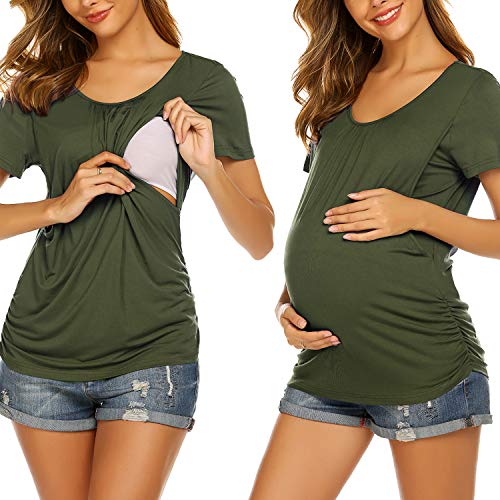 Image of Ekouaer Women's Nursing Tops for Breastfeeding Comfy Maternity Clothes Double Layer Pregnancy T Shirts Army Green S