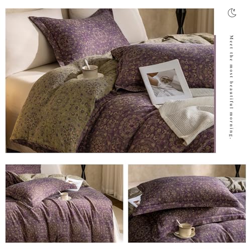 VM VOUGEMARKET Full Duvet Cover Set Purple Green Floral Pattern,3 Pieces Reversible Boho Medallion Jacquard Flower Bedding Set,Linen Cotton Yarn-Dyed Textured Duvet Cover with Zipper Closure