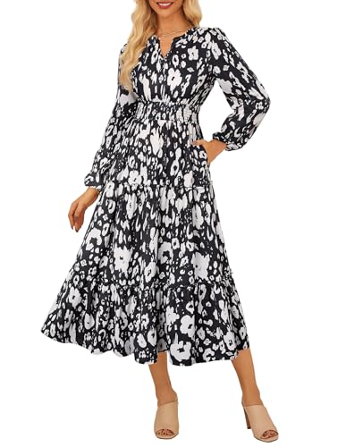 Damen Langarm Kleid Hochzeitsgast Maxikleid Elegant Blumenkleid A-Linie V-Ausschnitt Herbst Kleid Schwarz-Weiße Blumen L