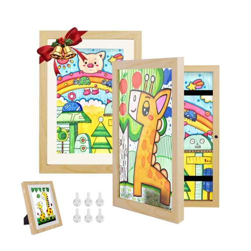 Hipsignal Kids Art Frames 2 Pack A4 Photo Frame for 150 Pictures Fillable Front Opening Kids Artwork Display Frame with Mount for Hang or Stand Display Childrens Drawings Art Projects (Wood)
