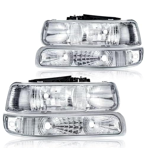 DimFlux Headlight Assembly Compatible with 1999 2000 2001 2002 Chevy Silverado 1500 2500/2001-2002 Silverado 1500HD 2500HD 3500HD Chrome Housing Clear Reflector