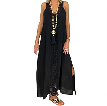 Women Cotton Linen Sleeveless Dresses Casual Loose Deep V Neck Summer Beach Dress Long Dress with Lace