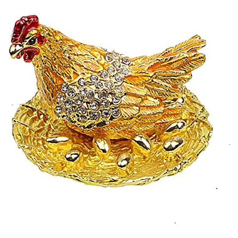 Hophen Hen Hatching Eggs Bejeweled Collectible Trinket Jewelry Box Chicken Coop Ring Holder Mother`s Day Home Decor Figurine Ornament (Gold) Cover