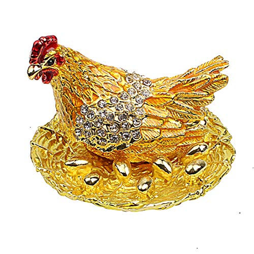 Hophen Hen Hatching Eggs Bejeweled Collectible Trinket Jewelry Box Chicken Coop Ring Holder Mother`s Day Home Decor Figurine Ornament (Colorful) (Gold)