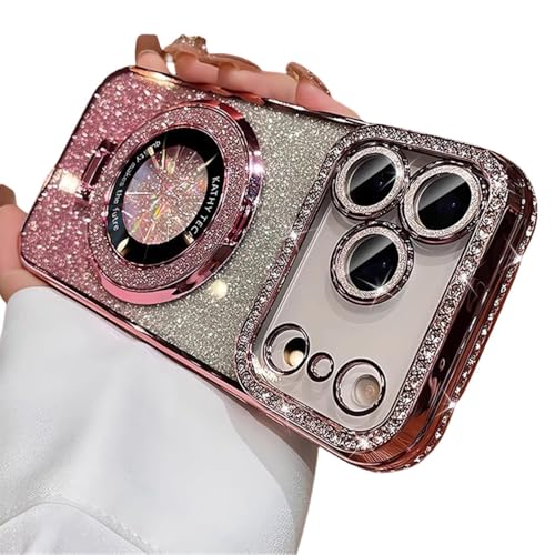 Coque strass iPhone 17 Pro Max rose avec support magnétique et contour diamant