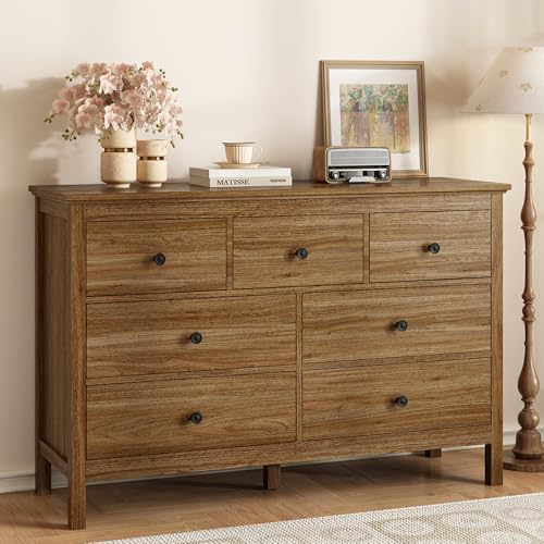 Image of LYNSOM Dresser for Bedroom with 7 Drawers, Natural Chest of Drawer with Black Handles, Wood Storage Dresser TV Stand Dressers for Closet, Living Room, Kids Room, Entryway, Oak