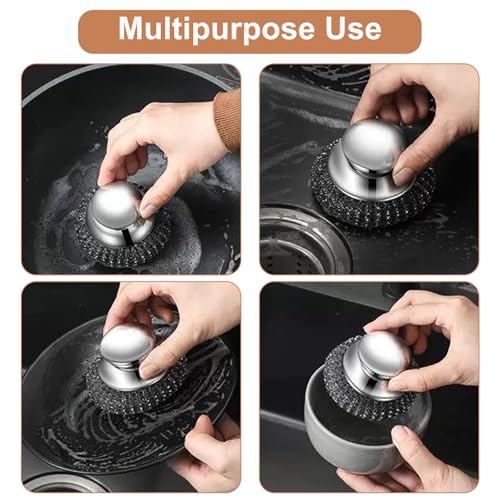 Image of Stainless Steel Wool Scrubber with Handle, 5 Replacement Steel Scrubber Wool Pads,Stainless Steel Scrubber for Scouring Stubborn Messes from Cast Iron, Pots, Pans, Grill, Stoves, Sink (Dark Gray)