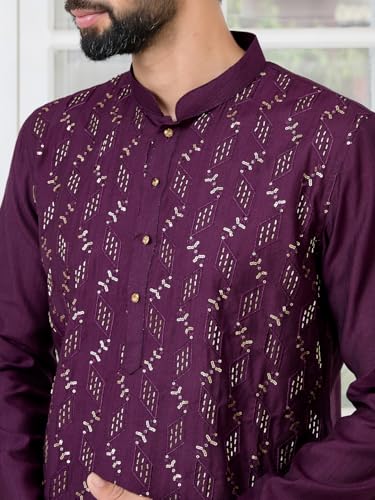 Image of See Designs Men's Full Sleeve Mandarin Collar Ethnic Motifs Embroidered Sequinned Mandarin Collar Straight Long Kurta with Pyjama - Festive Collection