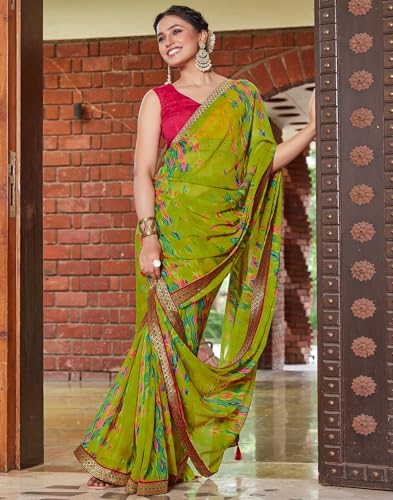 Image of SIRIL Women's Printed Chiffon Saree with Unstitched Blouse Piece