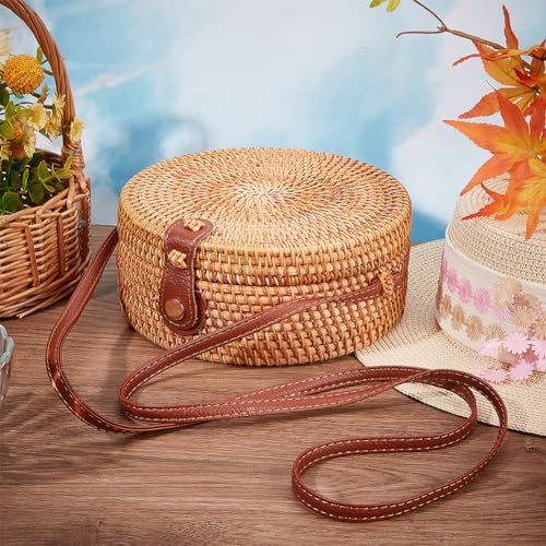 GORGECFAFT Handwoven Round Rattan Bag Large Straw Bag for Women Handmade Wicker Woven Purse Circle Oval Brown Straw Boho Bags Shoulder Imitation Leather Adjustable Strap for Women Travel4