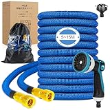 XiaZ 伸縮散水ホース 5ｍから15ｍまで3倍伸縮-3750D高耐久設計-10段階ノズル-水漏れ防止設計-収納袋＆壁掛けフック付き-庭 ホース・洗車 ホース・ガーデニング・園芸・庭掃除・お庭の水やり・ ペットのお風呂などに最適！ブルー