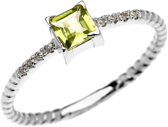 14k White Gold Diamond and Princess Cut Solitaire Peridot Dainty Promise/Engagement Ring