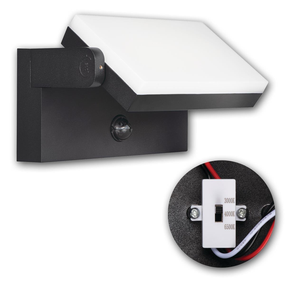 Applique murale extérieure LED XERTO avec détecteur de mouvement – ​​Éclairage de façade extérieur LED 20 W, CCT 3000 K/4000 K/6500 K, orientable à 320°, 1800 lm, IP44, aluminium noir