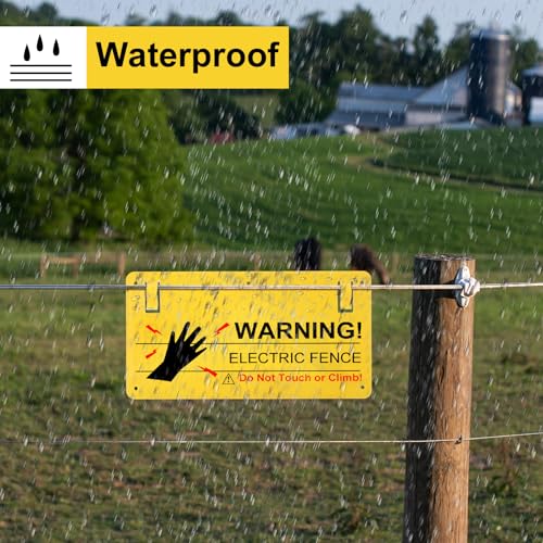 10 Pieces Electric Fence Warning Signs-Hangs on Fence Safety Caution Danger Electrical Fence Signs Bulk 9.6\"x5\" Plastic Safe Do Not Touch or Climb Sign for Protect Farm Home