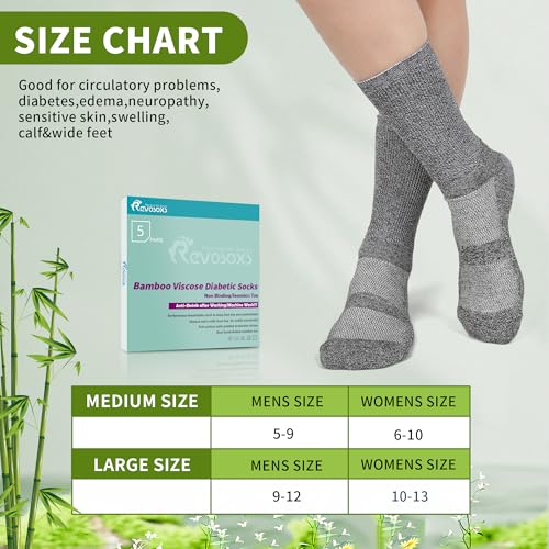 Image of Revosoxs Diabetic Crew Socks for Men Women,Bamboo Viscose Non-Binding Loose Top Wide Socks with Seamless Toe 9-12 10-13