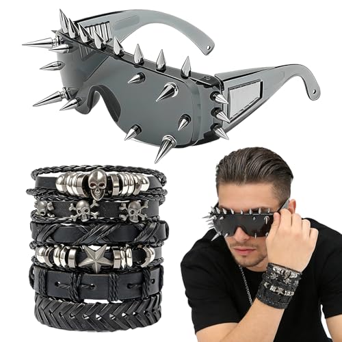 Nhuwijv Punk Accessories, Y2K Fashion Accessories with Spikes and Gothic Elements, Punk Sunglasses and Leather Bracelets for Rock Concerts and Cosplay Events, Spiky Sunglasses and Braided Bracelets