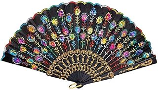 TPgoBuy Peacock Pattern Embroidered Flower Pattern Black Cloth Lace Silk Folding Hand Fan Sequins Flower Spanish Style Decorative Fashionable (Colorful)