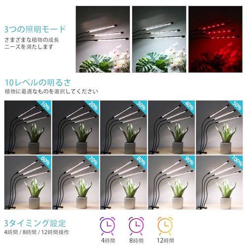 Hywyimlait クリップ式植物育成ライト 屋内植物用 126LED フルスペクトル 赤白光 植物育成ランプ フレキシブルグースネック 4/8/12時間タイマー付き 3つのスペクトルモード 10段階調光可能 3つのヘッド HYJAJZZWL-RW-42-03 の商品画像 3